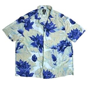 Hawaiian Shirt Men's XL Lotus Tropical Island Blue Floral Tiki Bar Party H&M